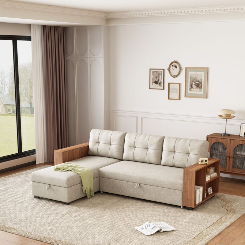 Canapé modulaire rembourré escamotable avec méridienne de rangement, canapé d'angle convertible, main courante en bois beige