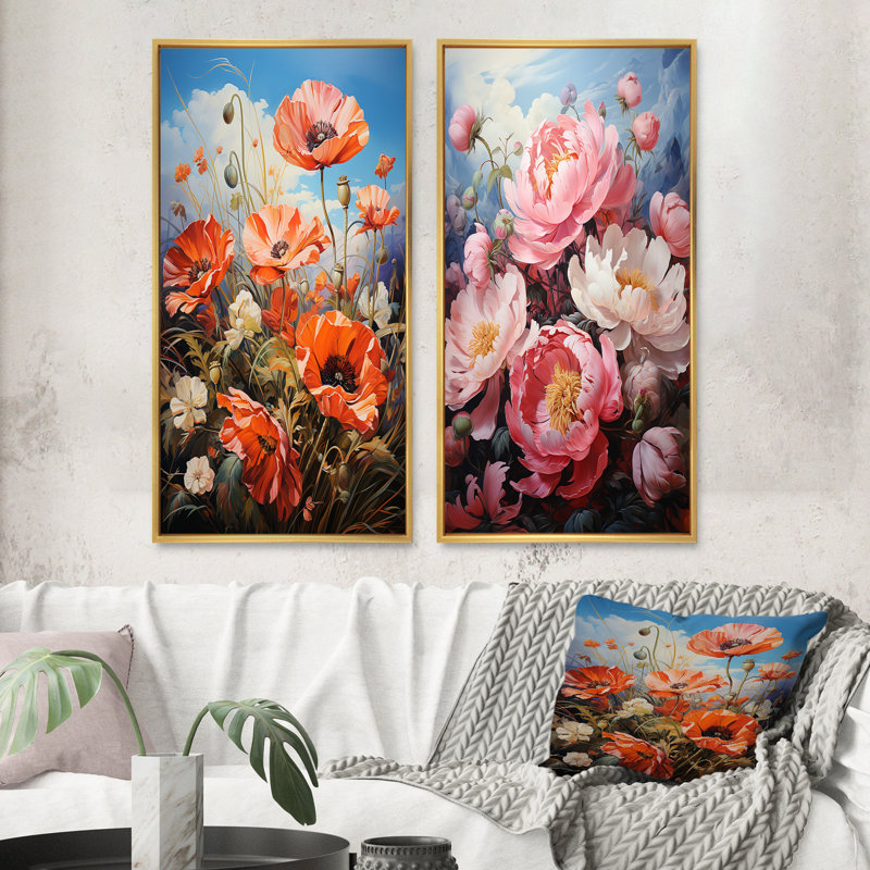 «Meadow Poppy Peony Paradise» 2 - pièces sur, Encadrement doré, H 40 po x l 40 po