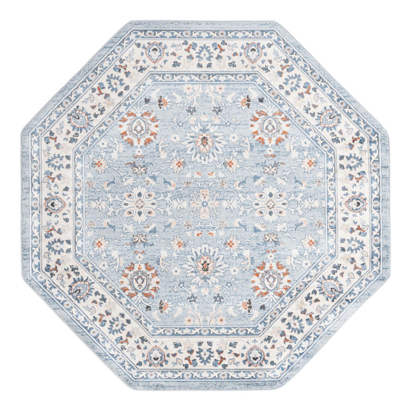 Tapis bleu turquoise à motif floral Arends, Octogone 5 pi 3 po
