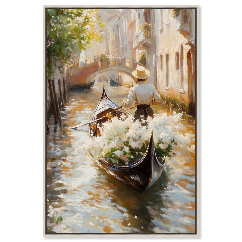 Décoration murale en toile Sunlit Canal par Art Remedy, cadre argenté, 30 x 45, H 46 po x l 31 po, Cadre argenté