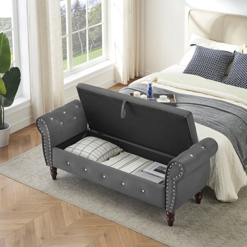 Banc de rangement en velours Larain, Gris foncé