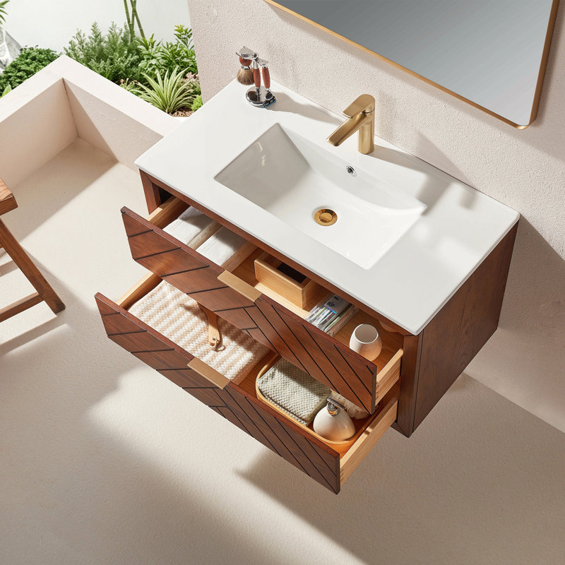 Meuble-lavabo mural simple flottant pré-assemblé de 36 po avec comptoir en céramique à 1 trou, 36"