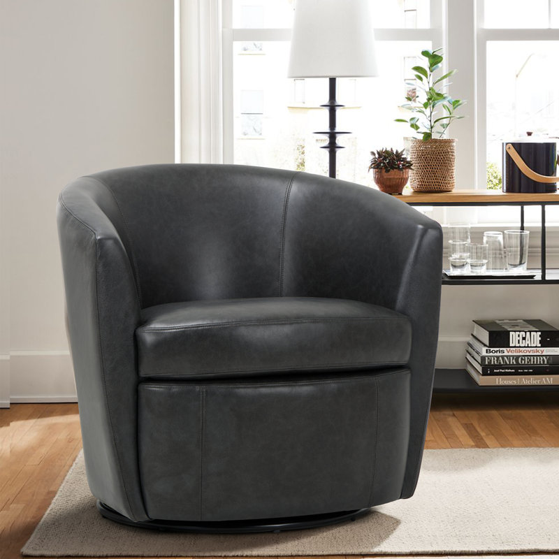 Leather Upholstered Swivel Barrel Chair,No Assembly Required, Charcoal Faux Leather
