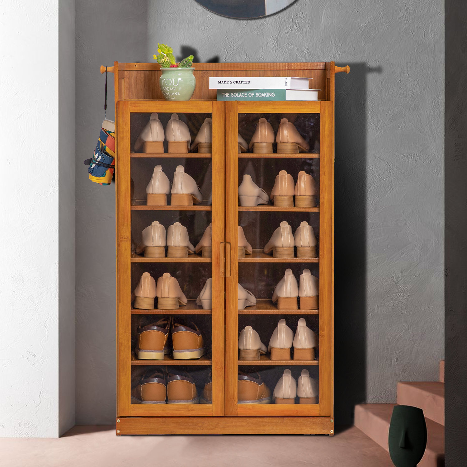 7-Tier Large Shoe Storage Cabinet 3-Door Bamboo Shoes Organizer