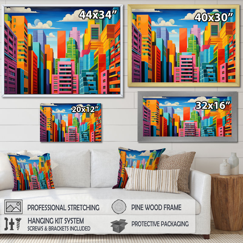 Pop Art Miami Cityscape III, reproduction d'art sur toile, Cadre flottant doré, H 12 po x l 20 po x P 1 po