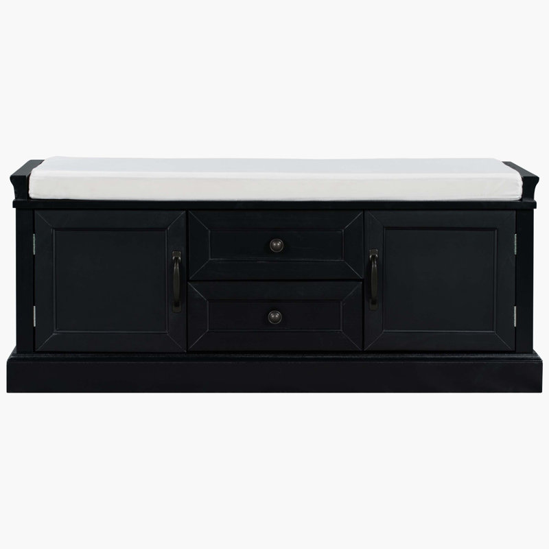 Storage Bench With 2 Drawers And 2 Cabinets, Shoe Bench With Removable Cushion For Living Room, Entryway, Black