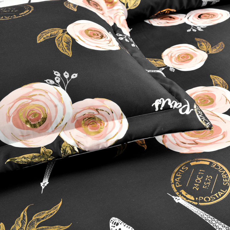Vintage Paris Rose Butterfly Script Microfiber Reversible 7 Piece Comforter Set, Black, Full/Queen