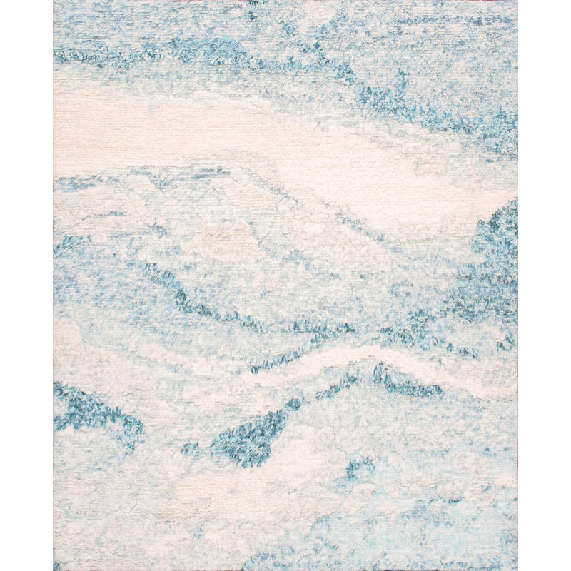 Tapis bleu / ivoire abstrait en laine noué à la main 8 pi x 9 pi 10 po