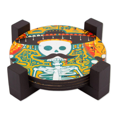 Ensemble sous-verre 5 pièces avec support mustachioed crâne