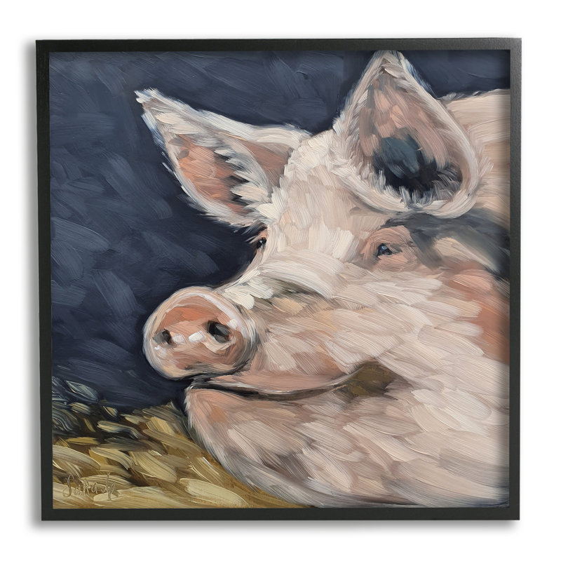 Cochon souriant, animal de ferme - peinture, Giclée encadrée noir minuit, H 12 po x l 12 po x P 1,5 po
