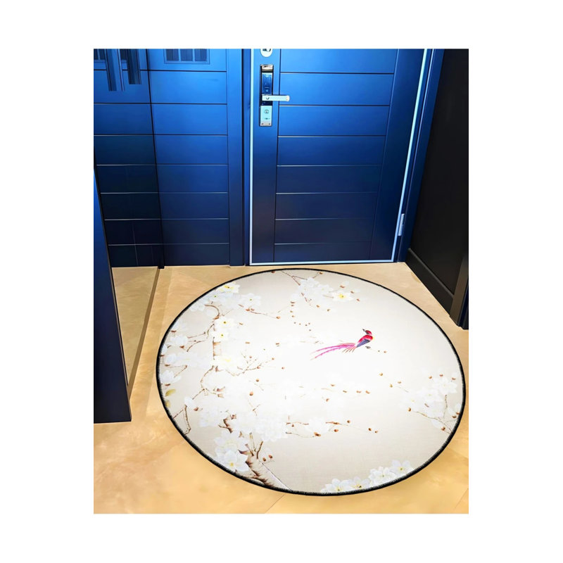 Decorative Carpet With White Flowers And Colorful Bird Details On Beige Woven Base, Round 3'4"