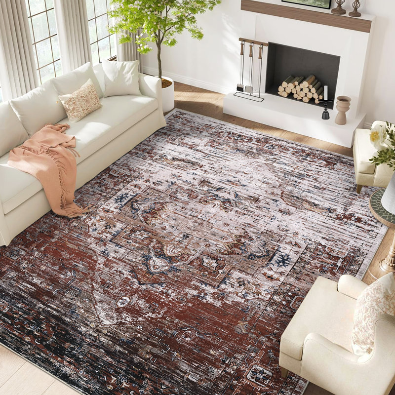 Washable Vintage Distressed Ombre Area Rug - Non-Slip, Soft Low Pile Carpet for Living Room, Brick Red, 4x6ft, Brick Red
