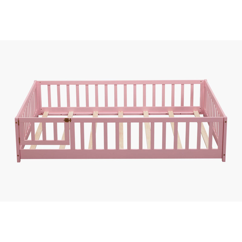 Finka Kids Floor Platforms Bed With Fence and Door, Full, Natural