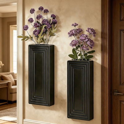 2 Pack Wooden Wall Vase – Handmade Grooved Texture With Faux Eucalyptus, Modern Farmhouse Boho Wall Decor For Living Room, Bathroom, Kitchen, Bedroom, Entryway