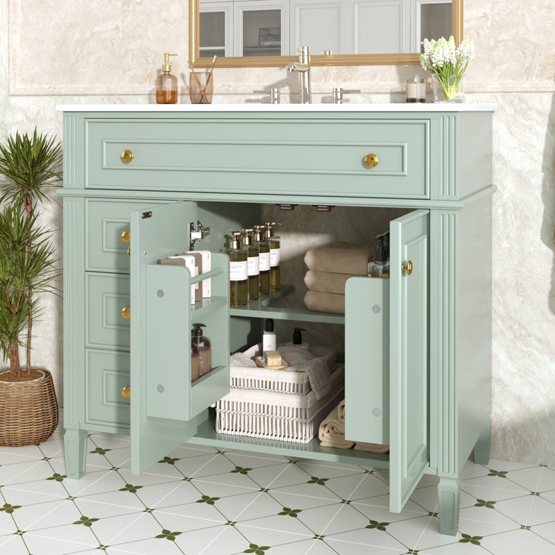 Ensemble de meuble-lavabo de 36 pouces avec lavabo en bois massif et bois aggloméré Ulvera, Vert