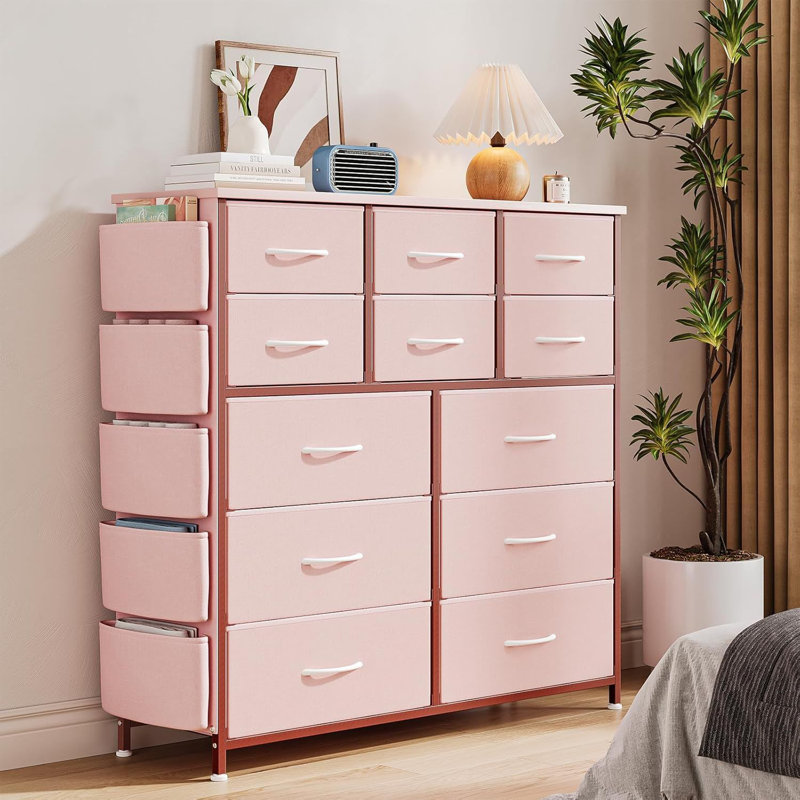 Commode moderne pour la chambre à coucher avec 12 commodes à tiroirs pour unité de rangement de vestibule avec structure en métal robuste et plateau de table en bois