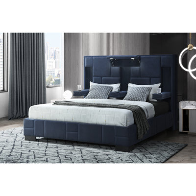 King Bed In Navy Blue, Modern Style, Fold - Down , Central Wireless Charging And Built In Speakers Blue With Speakers, Reading Lights