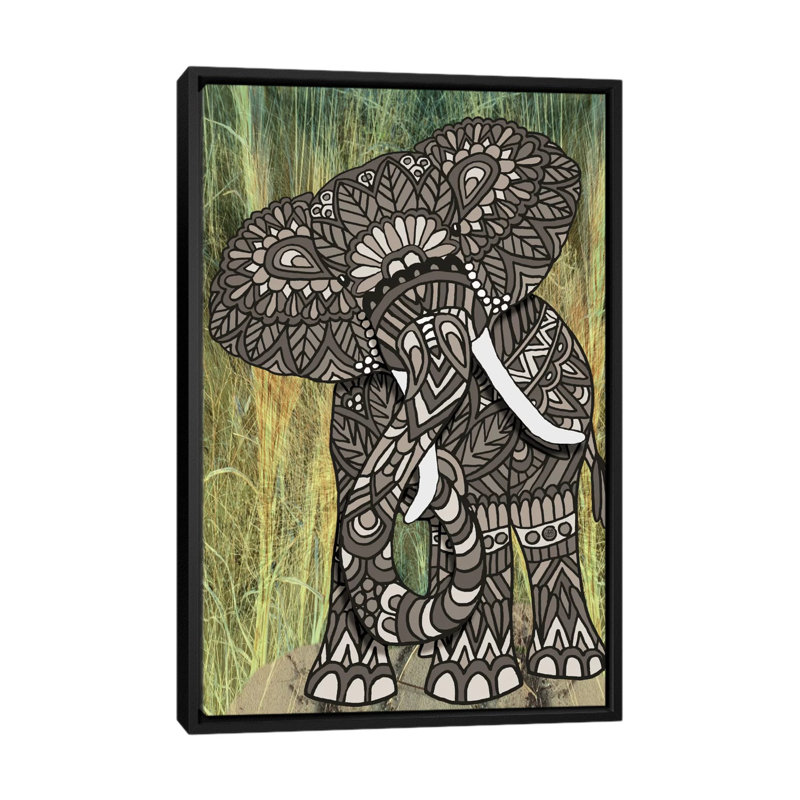 «Ornate Elephant», impression sur toile tendue, H 26 po x l 18 po x P 1,5 po, Toile avec cadre noir, Pas de tapis
