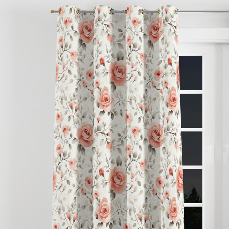 French Country Curtains for bedroom - Pink Farmhouse Dainty Roses Grommet Curtain - 1 Panel, Gold Grommets, 52" W x 84" L