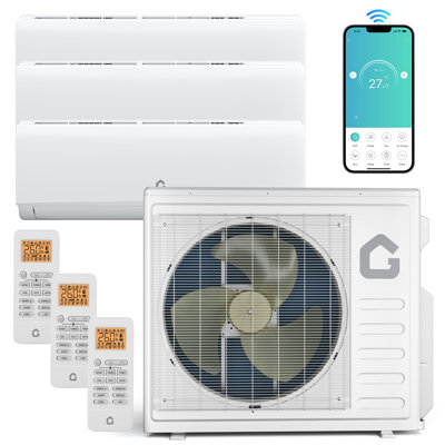 Système de chauffage / climatisation à deux zones WIFI 28K BTU à 3 zones, 20 SEER2 9000 + 12000 + 12 000 BTU sans conduit, climatiseur et pompe à chaleur, aucun ensemble de conduites en cuivre inclus - 208-230V