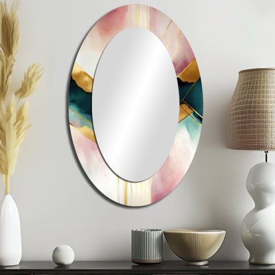 Abstrait géométrique géométrique rose et vert III - grand miroir mural ovale sur métal