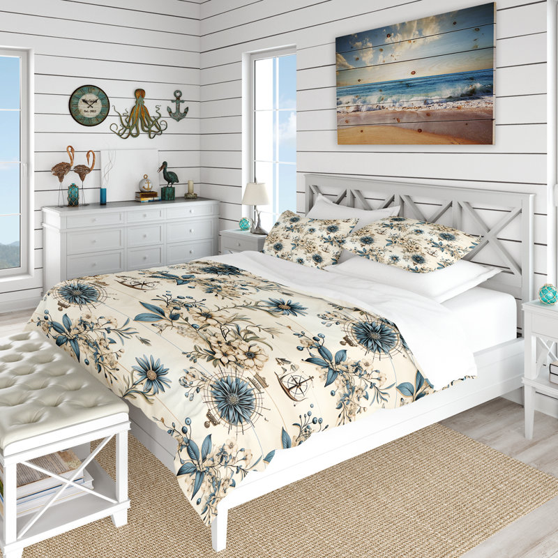 Literie rétro avec boussole nautique, Housse de couette pour très grand lit et 2 très