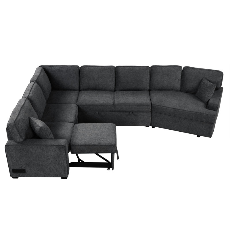 126" L-Shaped Sofa Sectional Sofa Couch Pull-Out Sofa Bed With Charging Devices And Cup Holders For Living Room