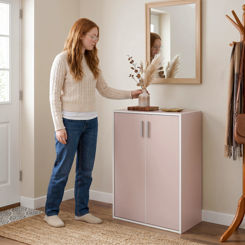 Moduline 35.5"H 3-Tier Wood Storage Bookcase with Doors, Light Pink