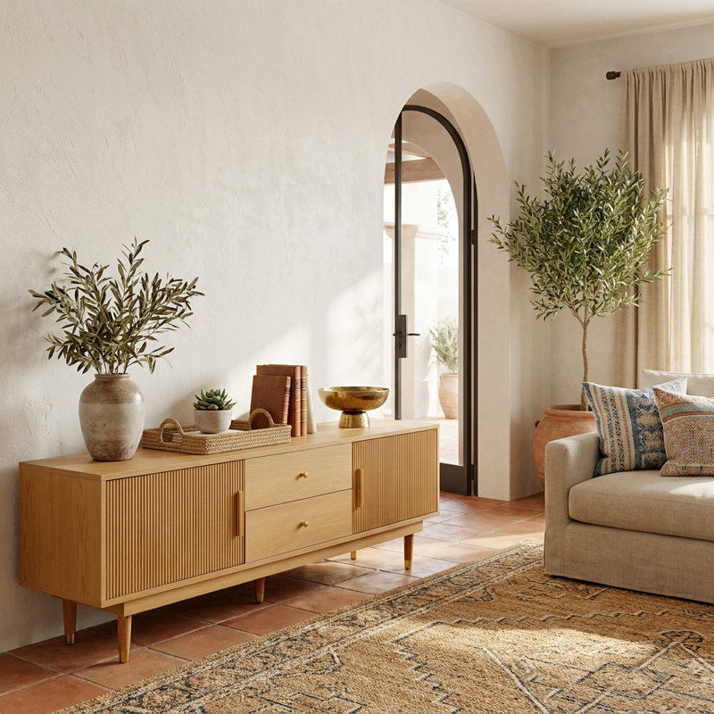 Meuble télé Mid-Century avec tiroirs de rangement, meuble télé et salon, Naturel, H 22,9 po x L 70,9 po x l 14,93 po