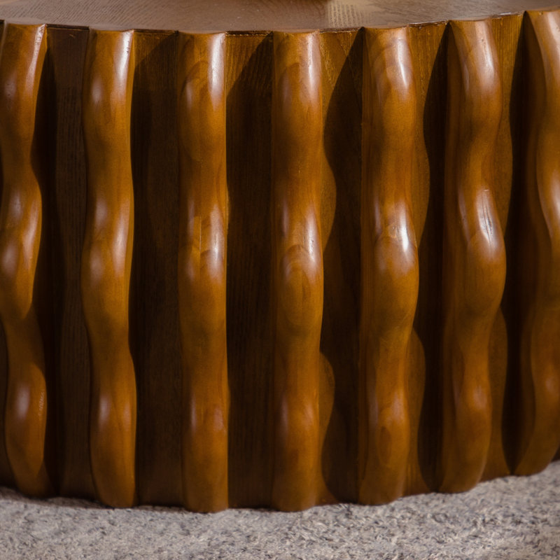Drum Fluted Modern Round Coffee Table, Mid Century Circle Center Table with Sturdy Pedestal for Living Room and Bedroom