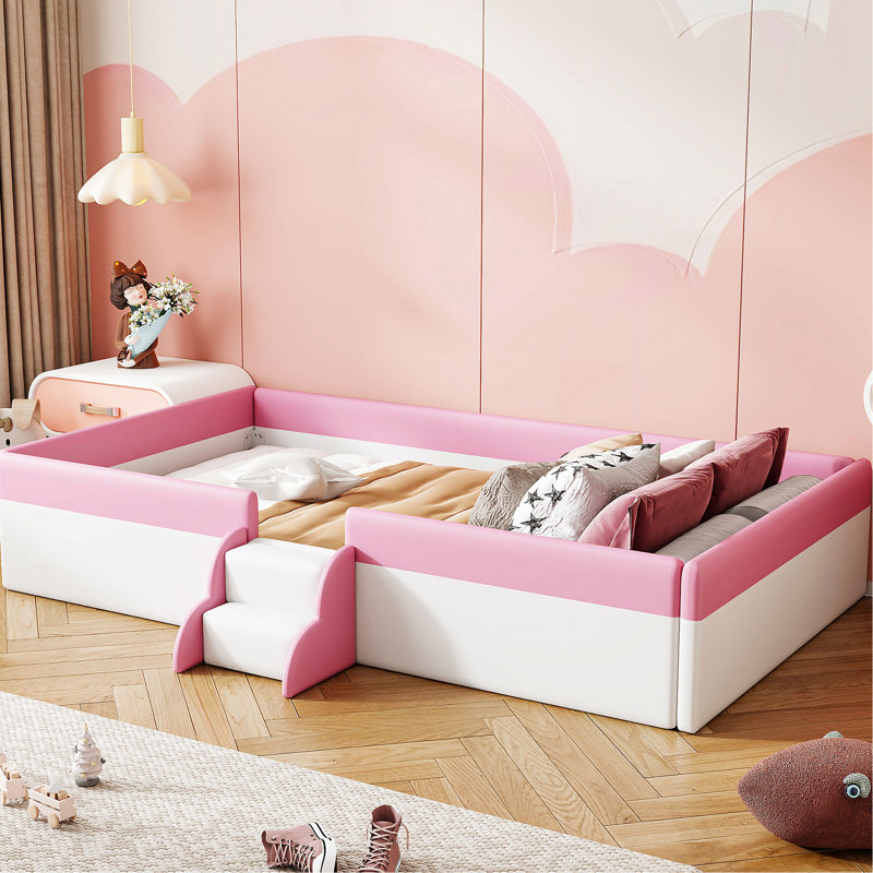 Structure de lit simple rose et blanche avec escaliers de clôture rembourrés, fabriquée en éponge PU, 10 lattes pour un confort durable, matériau de lit de jour, durabilité