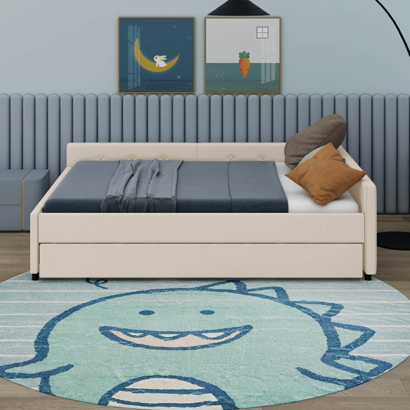 Upholstered Platform Bed with USB and Twin Size Trundle, Full