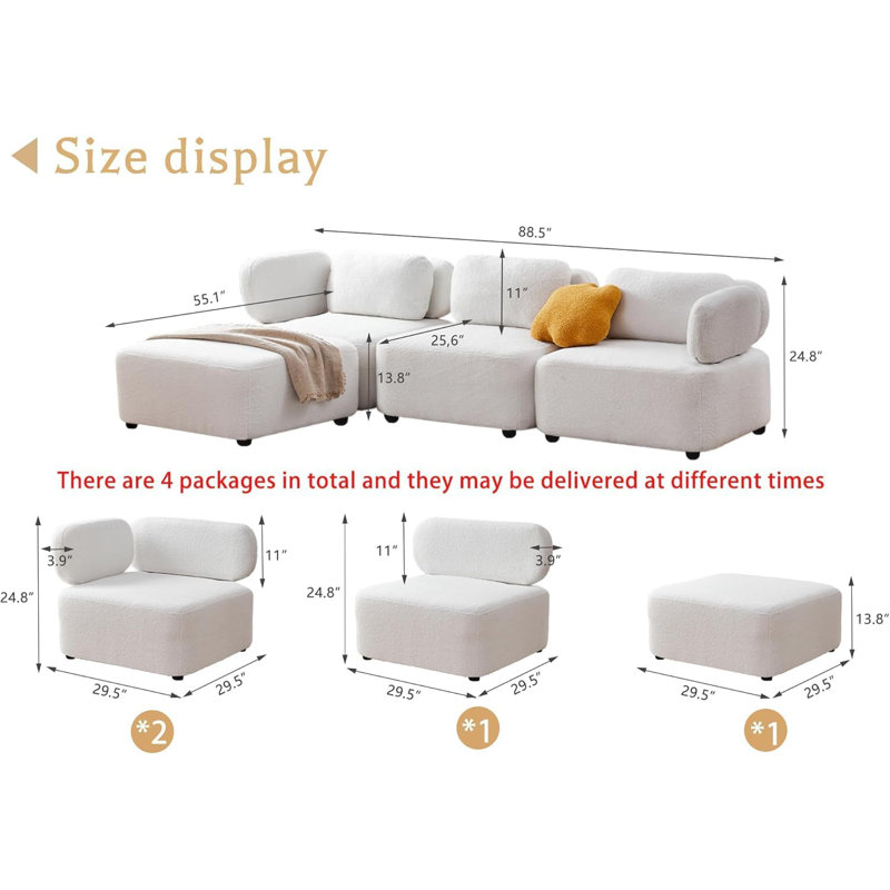Canapé modulaire convertible 5 pièces 5 pièces, H 24,8 po x l 88,5 po x P 55,1 po, Velours blanc
