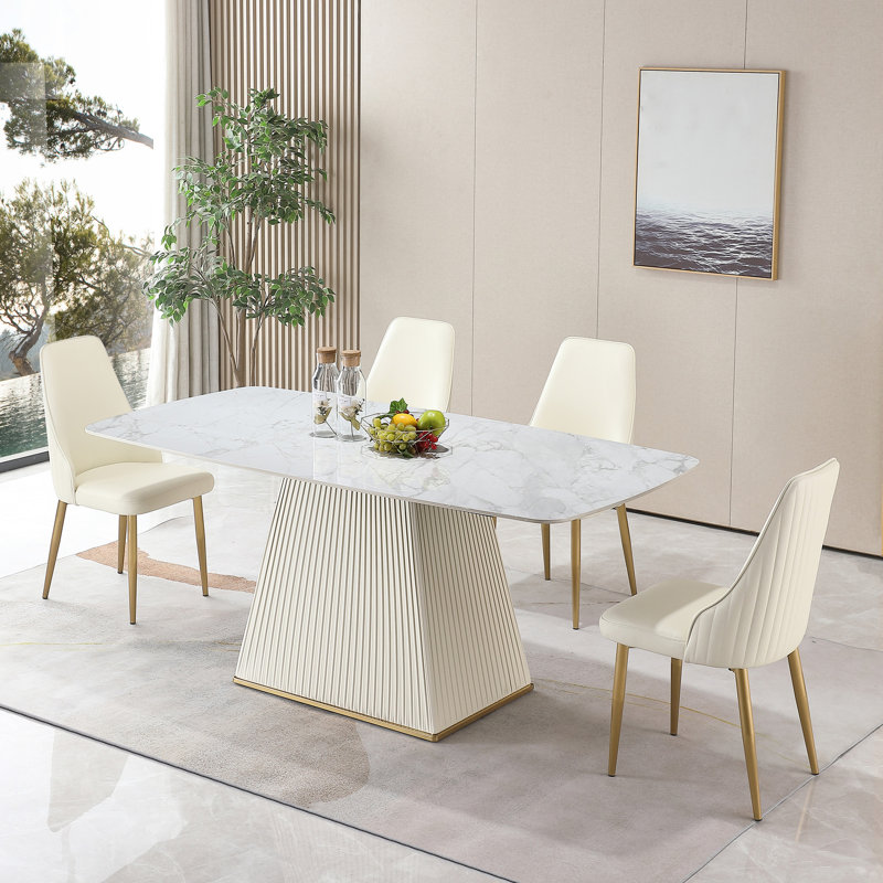 Table de salle à manger de 71 po avec base en pierre frittée blanche, design simple et élégant de 71 po