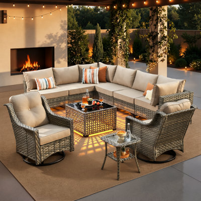 Emroy 8 - Person Wicker/Rattan Sectional Seating Group with Lighted Coffee Table and Swivel Chairs, All Weather Modular Outdoor Conversation Set with Cushions
