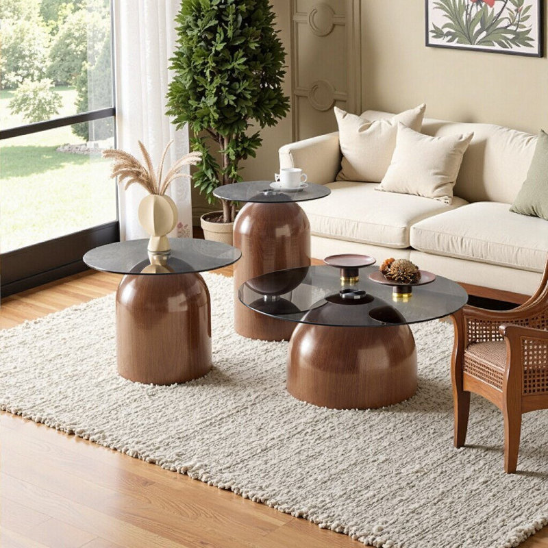 Ensemble de 3 tables basses gigognes, plateau en verre, base en acier au carbone robuste, Noyer
