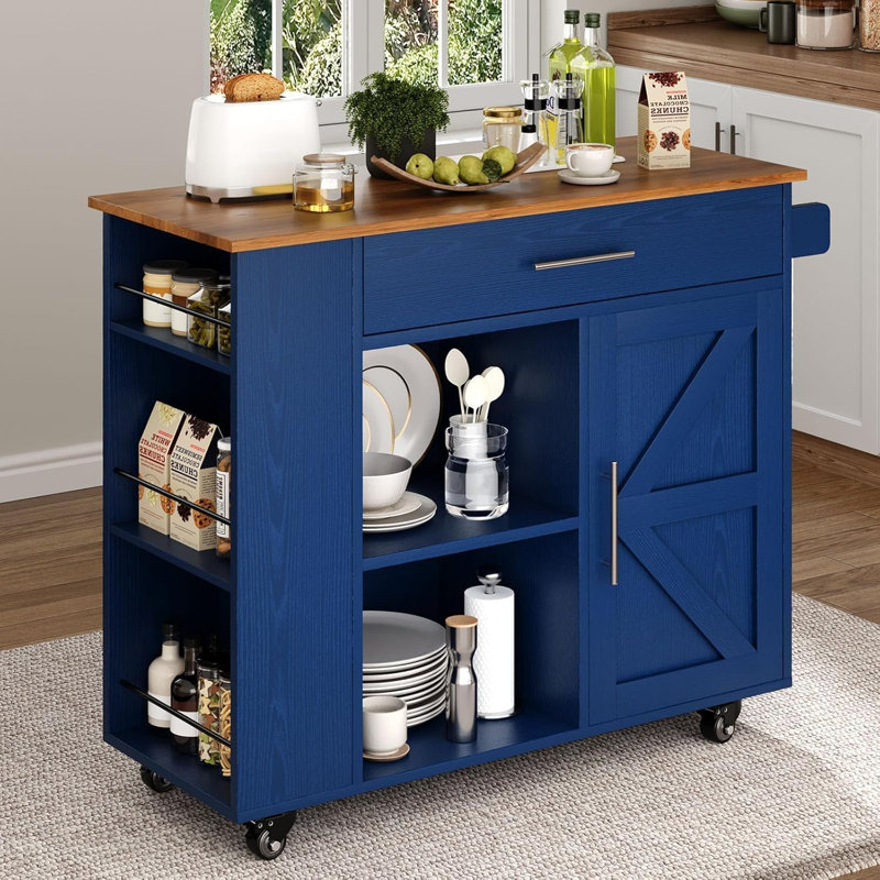 Island Table for Kitchen,Rolling Microwave Cart with Storage , Blue