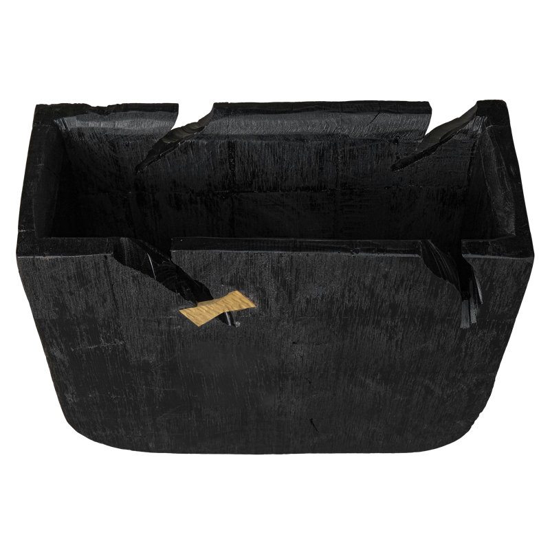 Obsidian Fracture Planter ~ A bold fusion of modern form and raw imperfection, this boxy 100% reclaimed wood planter features a charred black finish, dramatic fractures, and brass butterfly joinery, turning nature’s flaws into sculptural artistry.