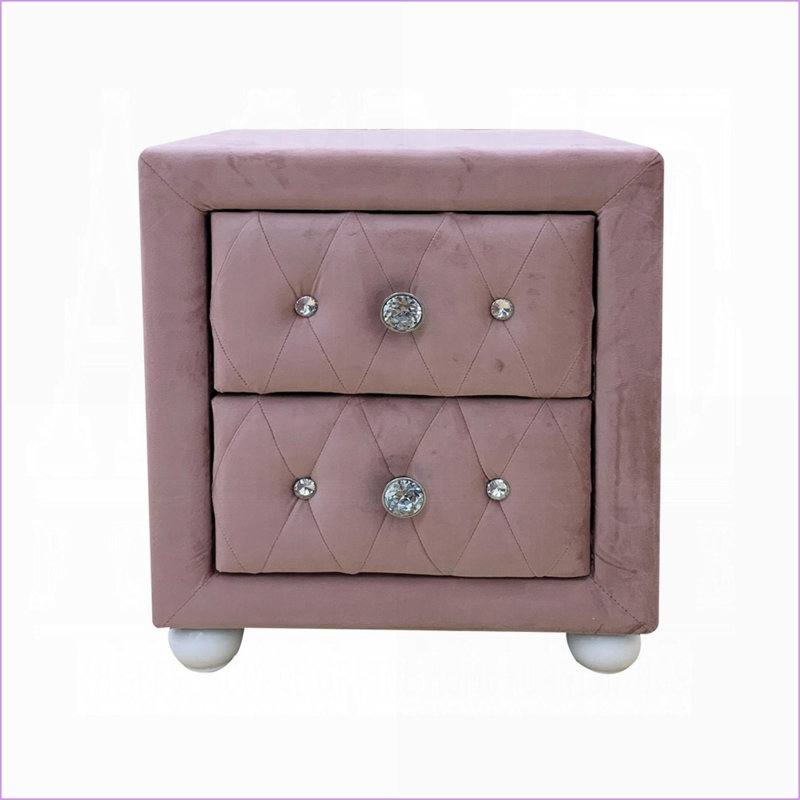 Table de chevet rembourrée en tissu rose avec 2 tiroirs de rangement