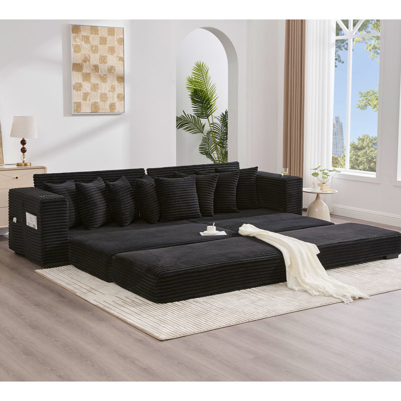 110.75" Modular L Shaped Sofa, Corduroy Fabric Sectional Couch,With A Movable Footstool, Cup Holders,Bring 8 Throw Pillows,Side Pocket,Unfold Into A Bed,Black