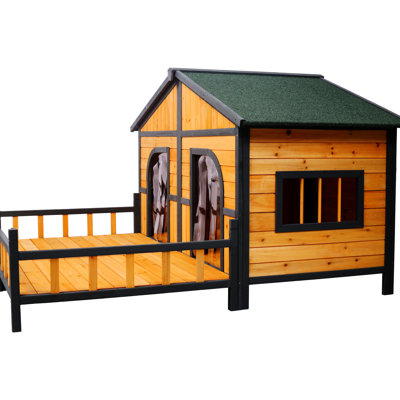 Grand chenil extérieur double en bois pour chien - plancher surélevé et porche d'entrée protégé
