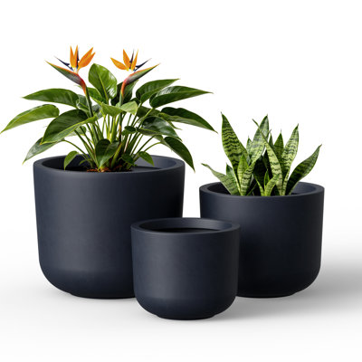 Set of 3 Round Concrete Planters, 9/11/13 Inch Modern Indoor&Outdoor Plant Pot Set, Charcoal Gray