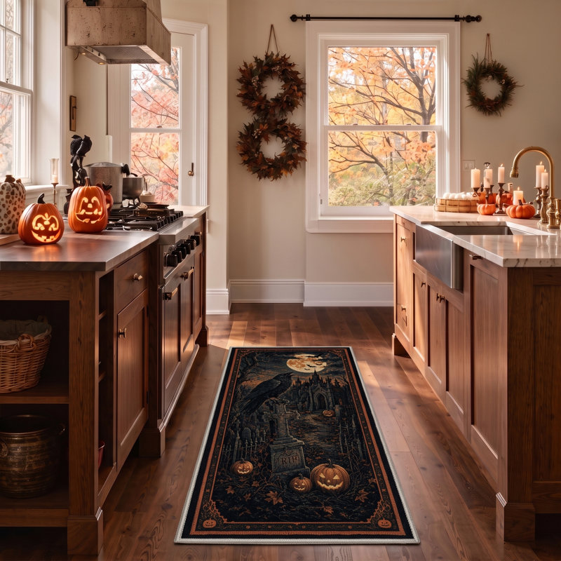 Tapis cimetière d'Halloween, noir et orange, lavable à la machine, à poils courts, antidérapant, Runner 2' x 7'