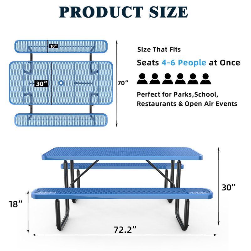 Table de pique-nique d'extérieur Clarenc, Bleu, P 62 po x l 72 po x H 29,5 po