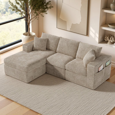 Canapé modulaire de 96 po sans os, canapé en forme de L réversible avec méridienne double couche, canapé 3 places en velours côtelé modulaire à assise profonde pour le salon, sans assemblage requis (kaki)