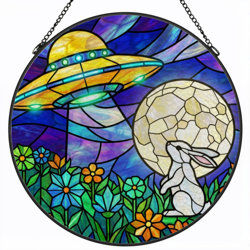 7.8"H Ufo Rabbit Stained Glass Window Panel, 7.8" H x 7.8" W