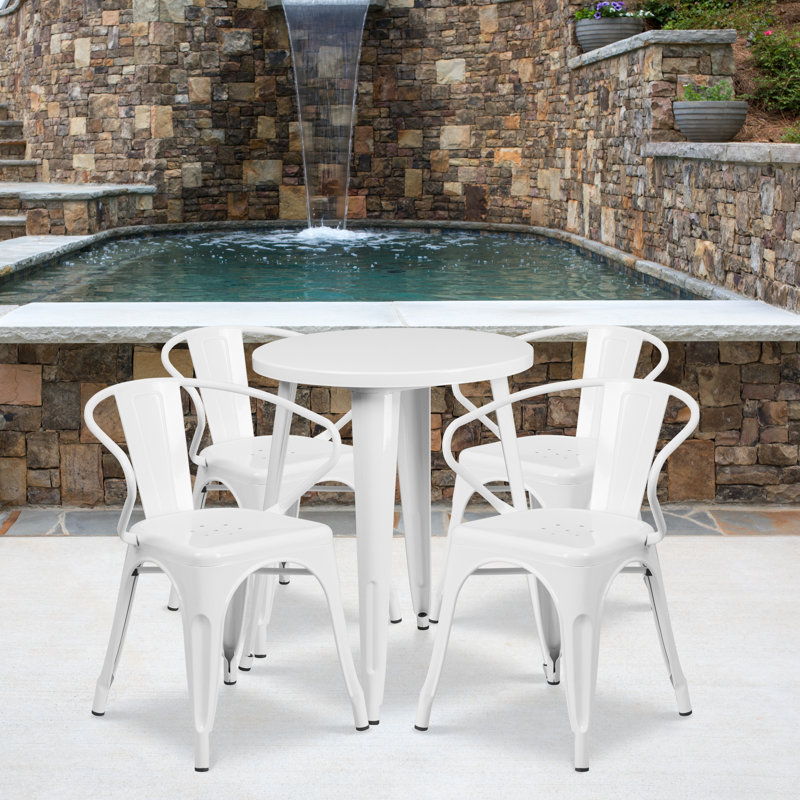 Cordele 24'' Round Metal Indoor-Outdoor Table Set with 4 Arm Chairs, White, 29.50" H x 30" W x 30" L