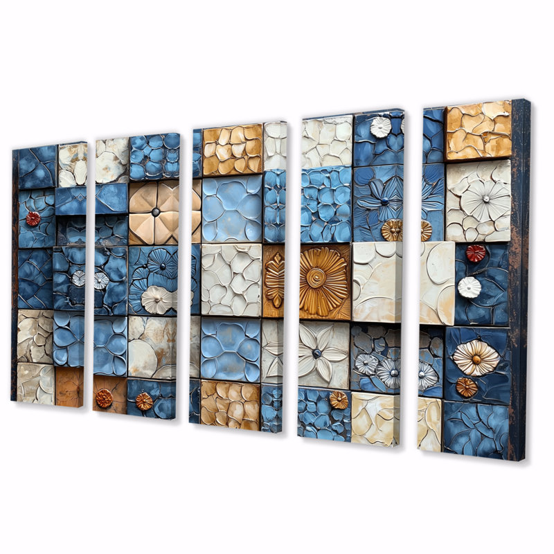 Abstract Blue and White Rhythms Tiles - Ensemble de salon mural abstrait, H 28 po x l 60 po