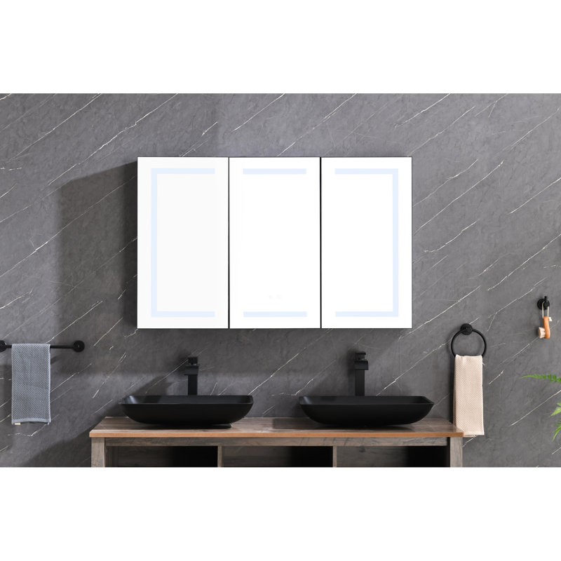 Armoire à miroir 48 po x 30 po pour salle de bain avec lumières, gradateur, horloge, affichage de la température et armoire à pharmacie en aluminium noir mat