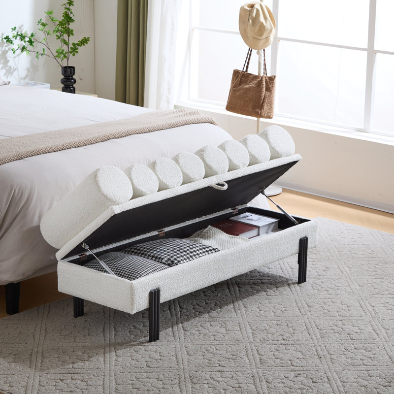 Banc de rangement 52,75 po en velours / molleton polaire - siège très épais, compartiment caché, capacité de 330 lb, Blanc